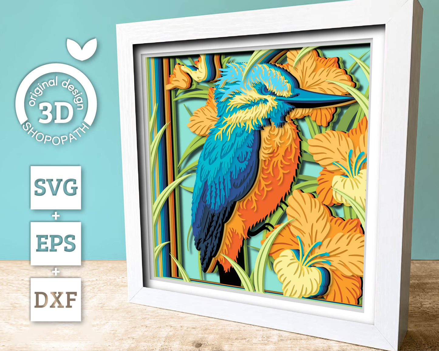 Kingfisher Bird Shadow Box 3D SVG with Gladiolus Flowers, Nature Wildlife Layered Cutting Files DXF EPS for Cricut Silhouette Brother