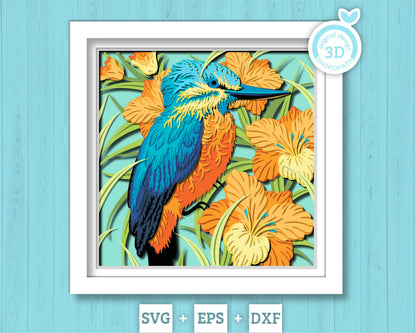 Kingfisher Bird Shadow Box 3D SVG with Gladiolus Flowers, Nature Wildlife Layered Cutting Files DXF EPS for Cricut Silhouette Brother