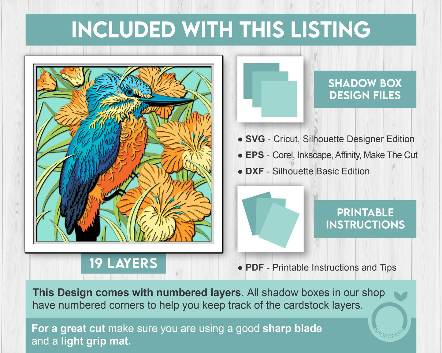 Kingfisher Bird Shadow Box 3D SVG with Gladiolus Flowers, Nature Wildlife Layered Cutting Files DXF EPS for Cricut Silhouette Brother