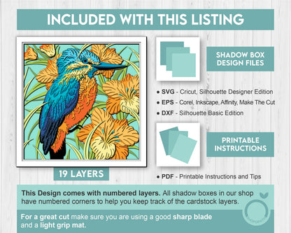 Kingfisher Bird Shadow Box 3D SVG with Gladiolus Flowers, Nature Wildlife Layered Cutting Files DXF EPS for Cricut Silhouette Brother