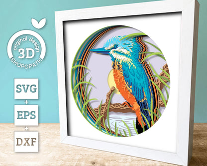 Kingfisher Bird Shadow Box 3D SVG Sitting on Branch, Nature Wildlife Layered Cutting Files DXF EPS for Cricut Silhouette Brother