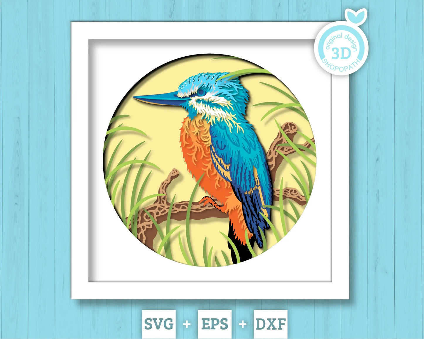 Kingfisher Bird Shadow Box 3D SVG Sitting on Branch, Nature Wildlife Layered Cutting Files DXF EPS for Cricut Silhouette Brother