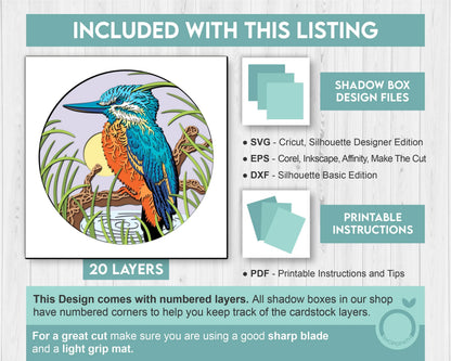 Kingfisher Bird Shadow Box 3D SVG Sitting on Branch, Nature Wildlife Layered Cutting Files DXF EPS for Cricut Silhouette Brother