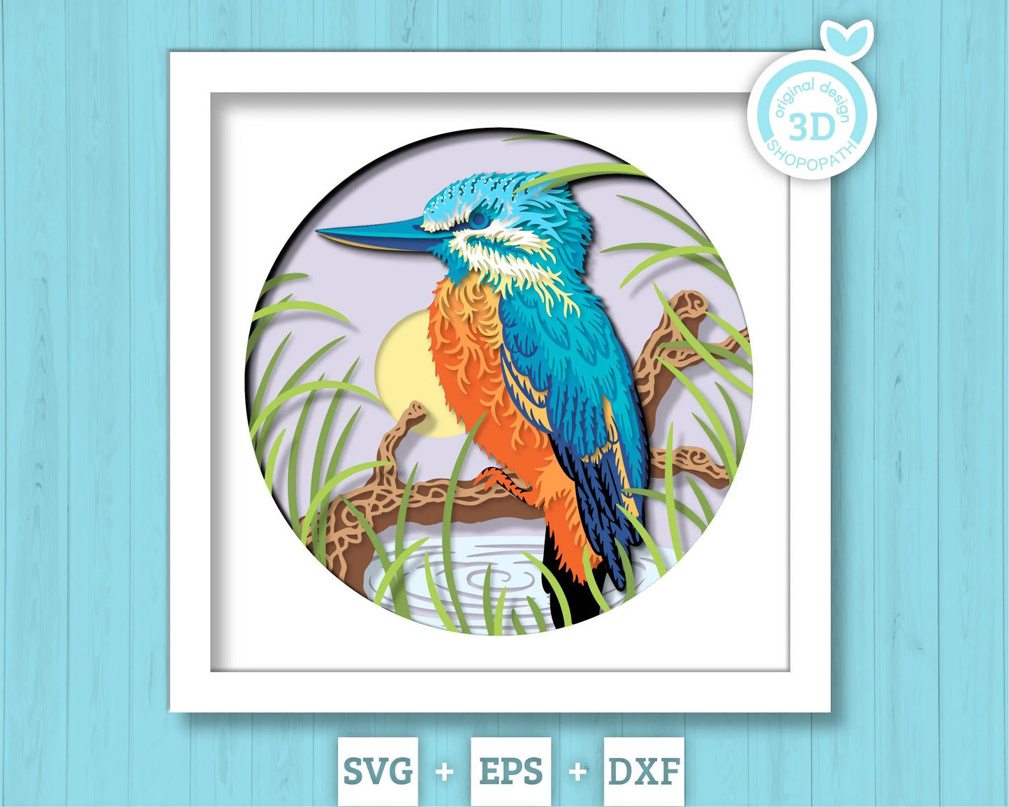 Kingfisher Bird Shadow Box 3D SVG Sitting on Branch, Nature Wildlife Layered Cutting Files DXF EPS for Cricut Silhouette Brother