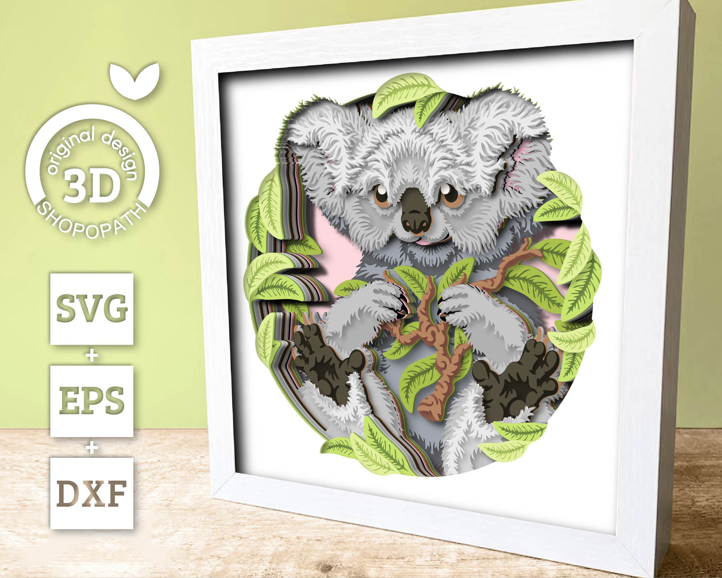 Koala Bear with Eucalyptus Leaves - 3D Shadow Box Layered SVG DXF EPS (Cutting Files)