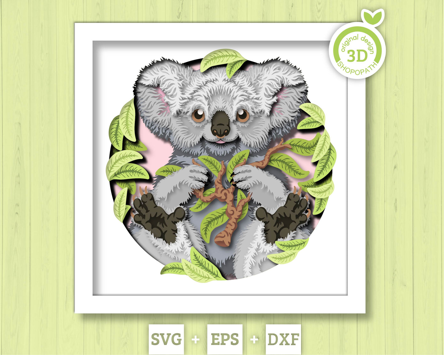 Koala Bear with Eucalyptus Leaves - 3D Shadow Box Layered SVG DXF EPS (Cutting Files)