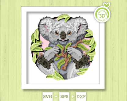 Koala Bear with Eucalyptus Leaves - 3D Shadow Box Layered SVG DXF EPS (Cutting Files)