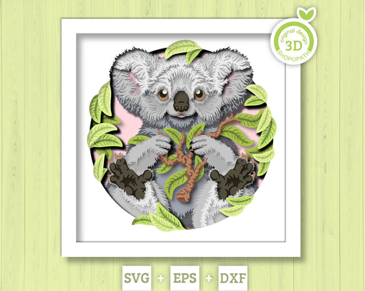 Koala Bear with Eucalyptus Leaves - 3D Shadow Box Layered SVG DXF EPS (Cutting Files)
