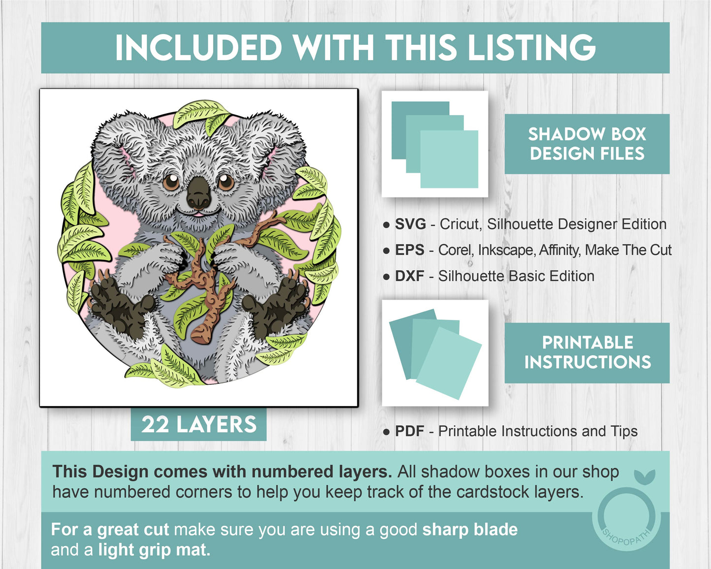 Koala Bear with Eucalyptus Leaves - 3D Shadow Box Layered SVG DXF EPS (Cutting Files)