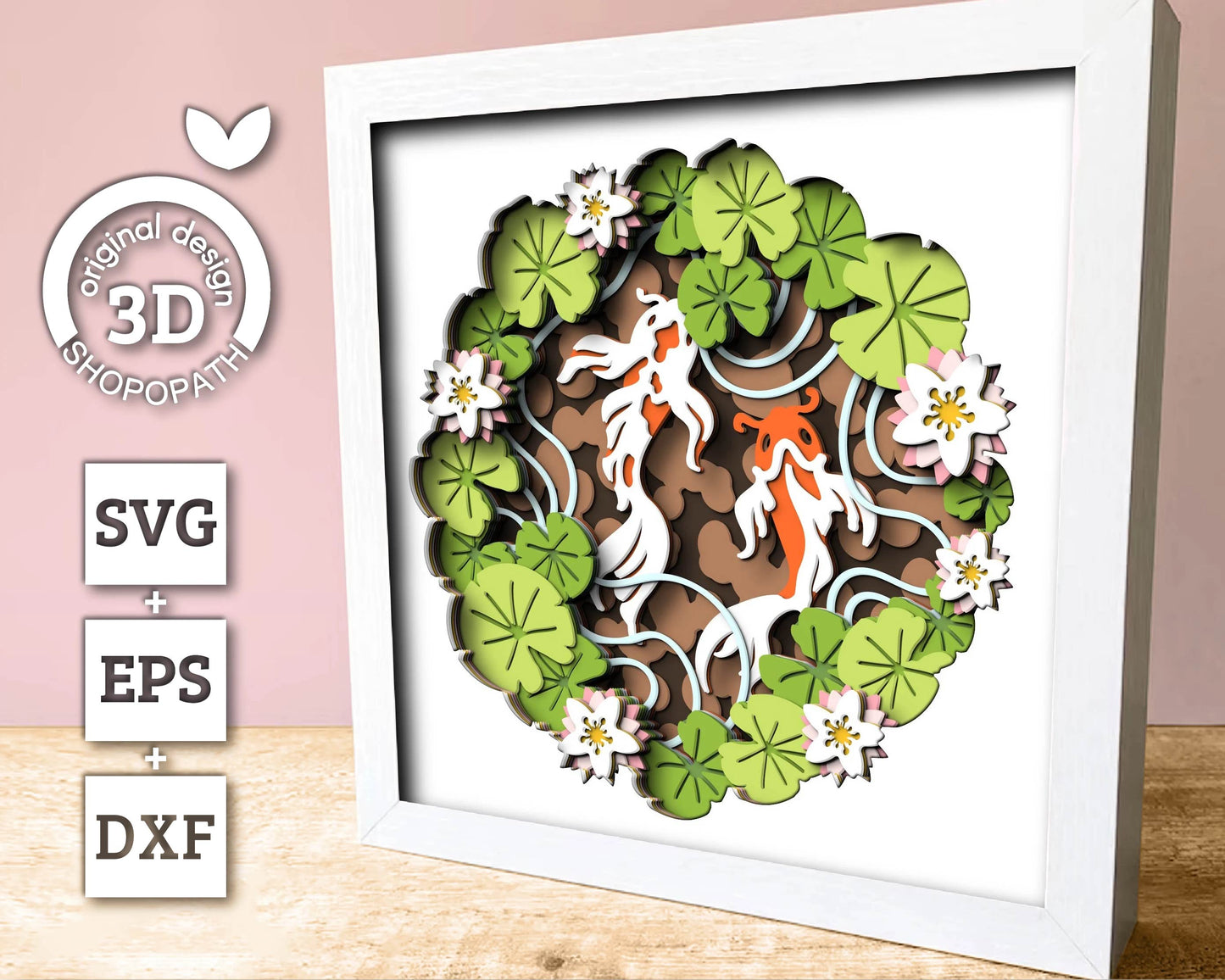 3D Layered Koi Pond Shadow Box Svg Spring Flowers 3D SVG, Water Lily Shadow Box, Leaves Koi Fish 3D Svg Layered Papercut Cricut Silhouette