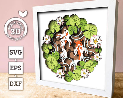 3D Layered Koi Pond Shadow Box Svg Spring Flowers 3D SVG, Water Lily Shadow Box, Leaves Koi Fish 3D Svg Layered Papercut Cricut Silhouette