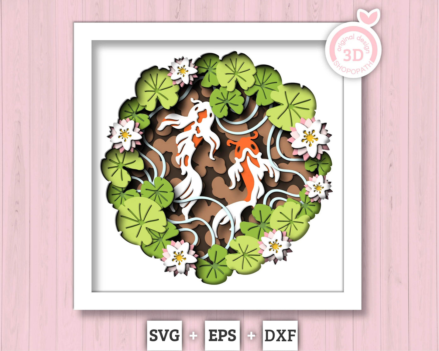 3D Layered Koi Pond Shadow Box Svg Spring Flowers 3D SVG, Water Lily Shadow Box, Leaves Koi Fish 3D Svg Layered Papercut Cricut Silhouette