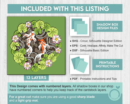 3D Layered Koi Pond Shadow Box Svg Spring Flowers 3D SVG, Water Lily Shadow Box, Leaves Koi Fish 3D Svg Layered Papercut Cricut Silhouette