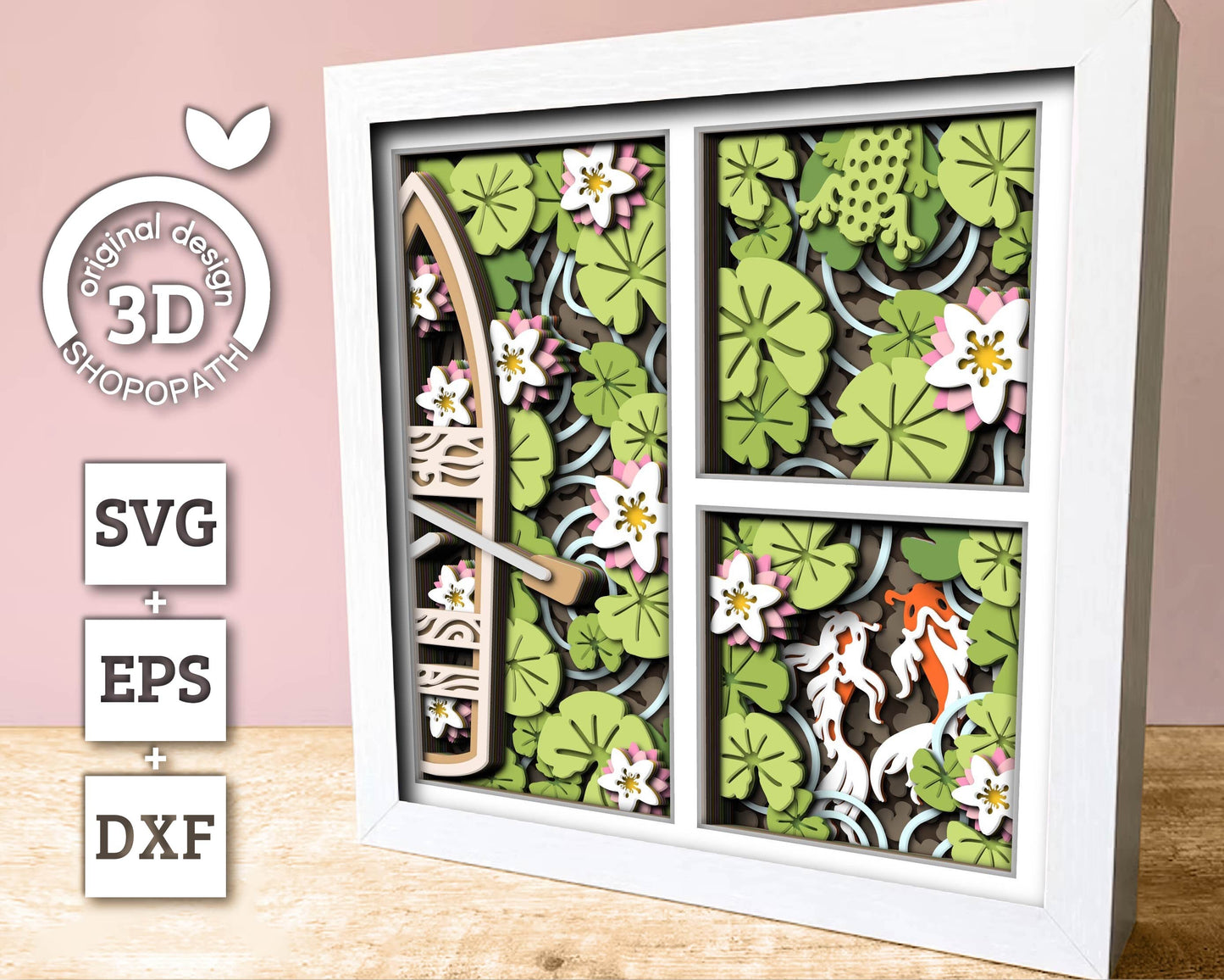 Koi Pond Shadow Box Shadow Box 3D Svg Spring Flowers 3D SVG, Water Lily Shadow Box, Leaves Koi Fish 3D Svg Layered Papercut Cricut Silhouette