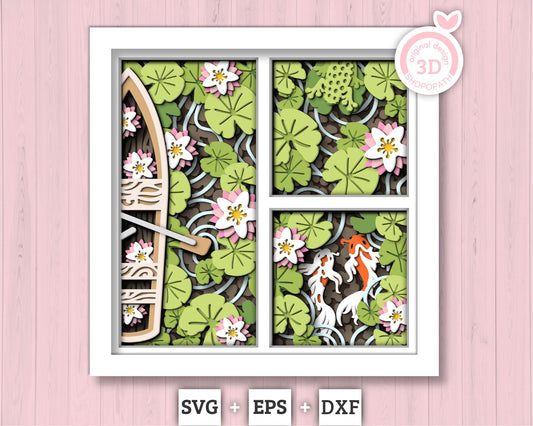 Koi Pond Shadow Box Shadow Box 3D Svg Spring Flowers 3D SVG, Water Lily Shadow Box, Leaves Koi Fish 3D Svg Layered Papercut Cricut Silhouette