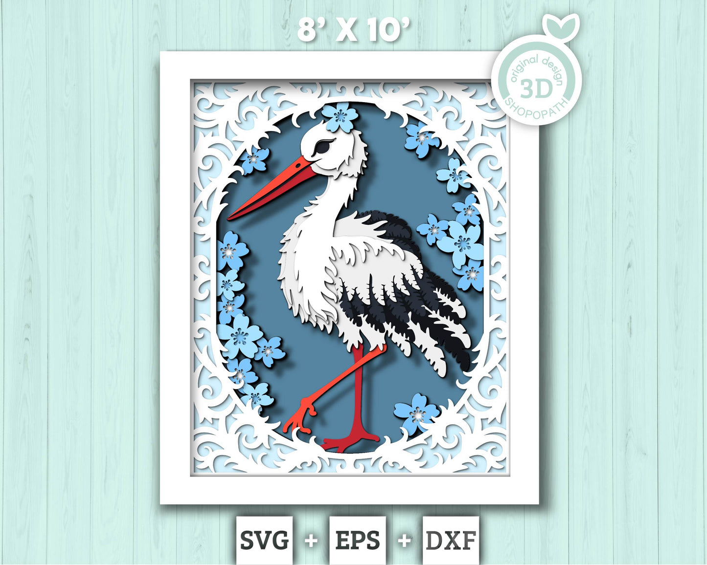 Stork with Lace and Flowers - 3D Shadow Box Layered SVG DXF EPS (Cutting Files)
