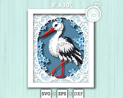 Stork with Lace and Flowers - 3D Shadow Box Layered SVG DXF EPS (Cutting Files)