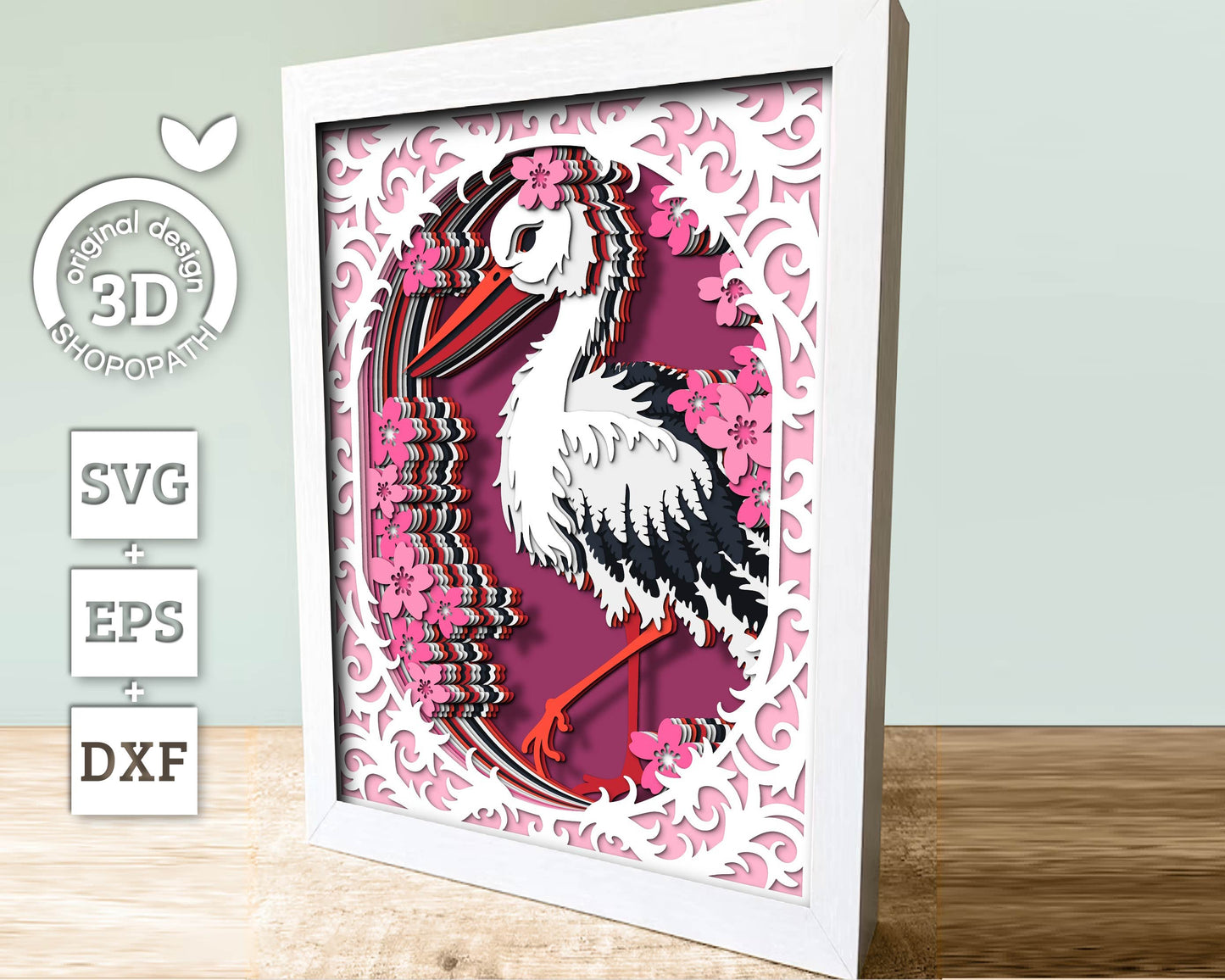 Stork with Lace and Flowers - 3D Shadow Box Layered SVG DXF EPS (Cutting Files)