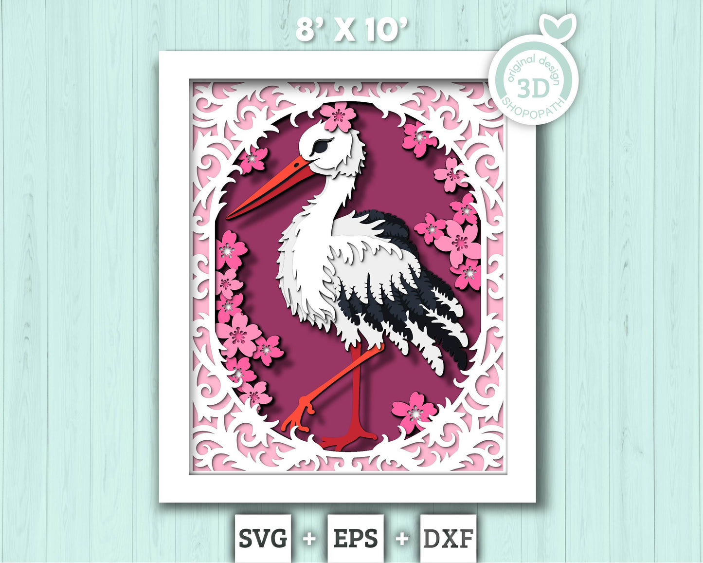 Stork with Lace and Flowers - 3D Shadow Box Layered SVG DXF EPS (Cutting Files)