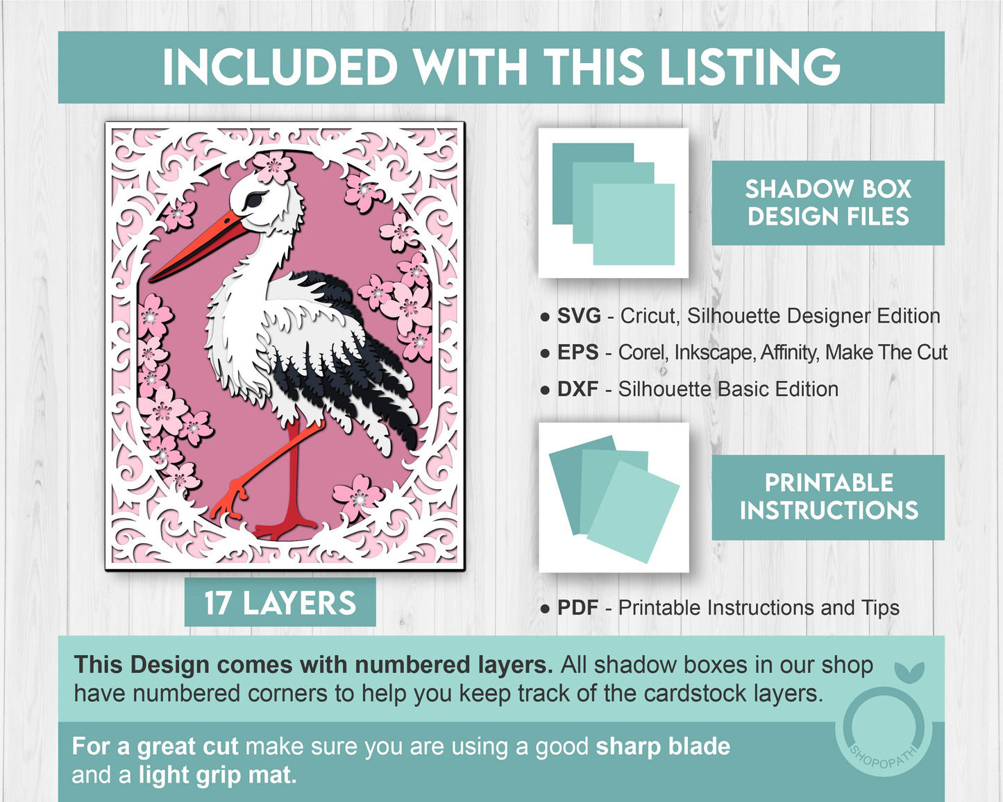 Stork with Lace and Flowers - 3D Shadow Box Layered SVG DXF EPS (Cutting Files)