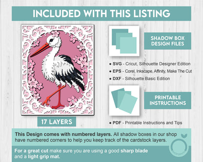 Stork with Lace and Flowers - 3D Shadow Box Layered SVG DXF EPS (Cutting Files)