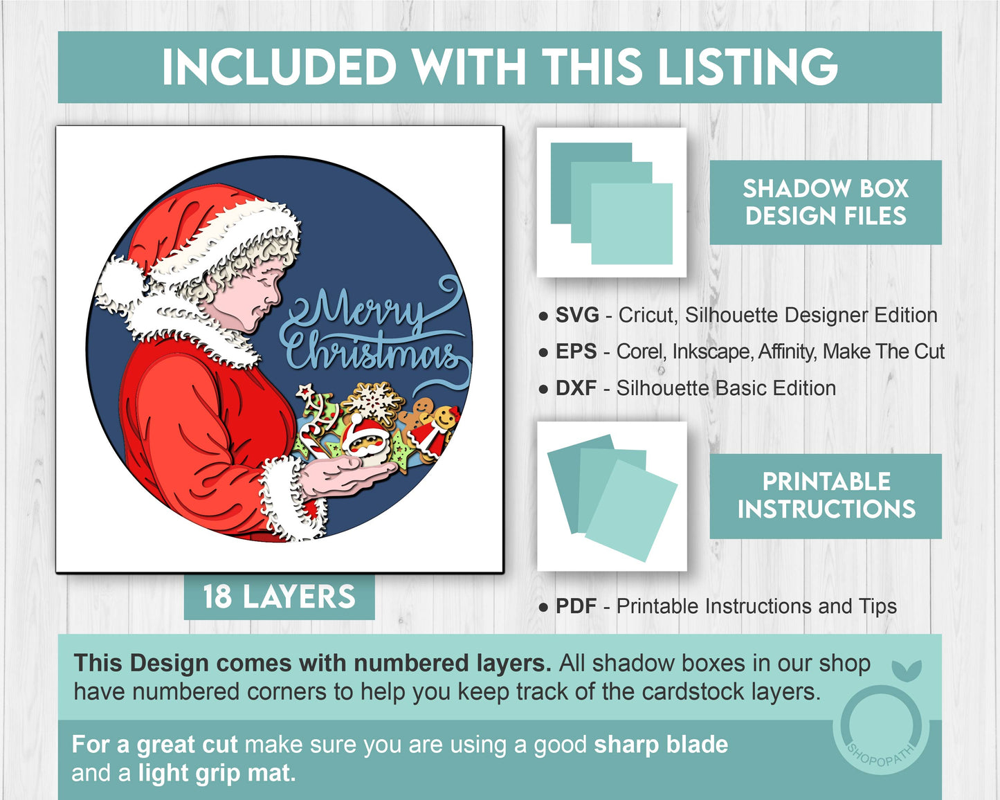 Mrs. Claus with Cookies - 3D Shadow Box Layered SVG DXF EPS (Cutting Files)