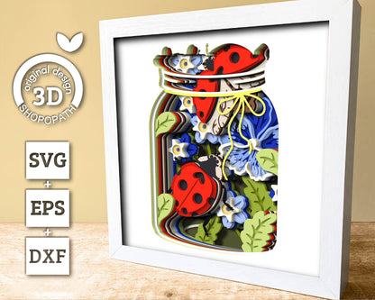 3D SVG Ladybugs In Jar Shadow Box, Pansy 3D SVG, Love Bug 3D Svg, Summer Shadow Box, Flowers 3d Svg, Floral Papercut svg Cricut Silhouette