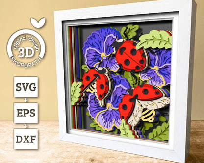 3D SVG Ladybugs Shadow Box, Layered Love Bug 3D svg,Pansy 3D SVG, Summer Shadow Box, Flowers 3d Svg, Floral Papercut svg Cricut Silhouette