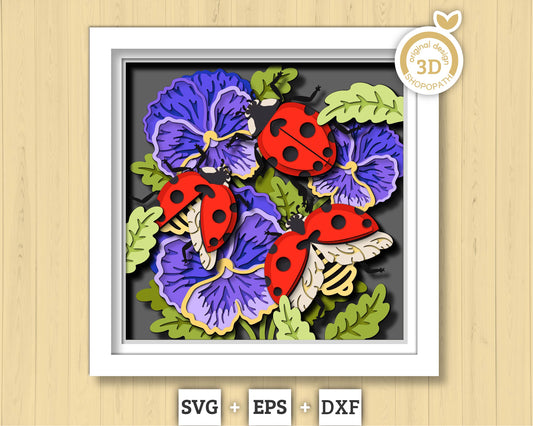 3D SVG Ladybugs Shadow Box, Layered Love Bug 3D svg,Pansy 3D SVG, Summer Shadow Box, Flowers 3d Svg, Floral Papercut svg Cricut Silhouette