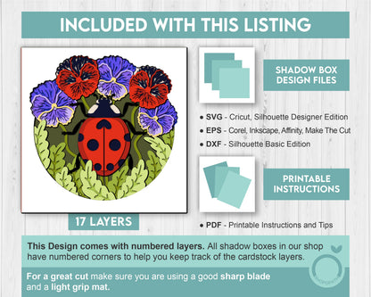 3D SVG Ladybug Shadow Box, Pansy 3D SVG, Love Bug 3D Svg, Summer Shadow Box, Flowers 3d Svg, Floral Papercut svg Cricut Silhouette