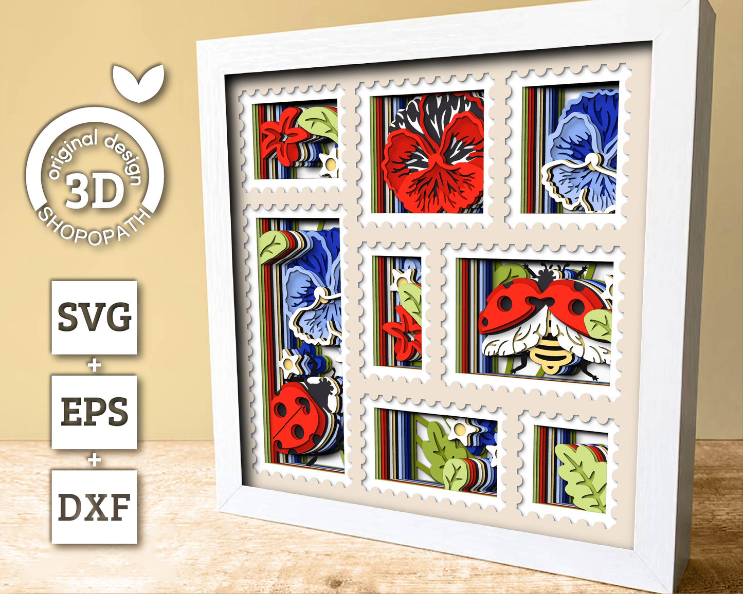 3D SVG Love Bug Stamps Frame Shadow Box, Layered Pansy 3D SVG, Summer Shadow Box, Ladybug 3D Svg, Flowers 3d Svg, Cricut Silhouette
