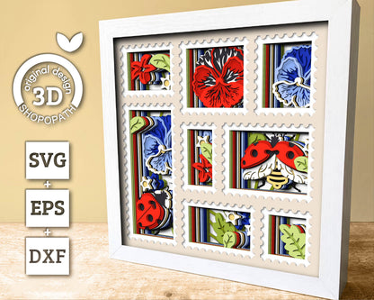 3D SVG Love Bug Stamps Frame Shadow Box, Layered Pansy 3D SVG, Summer Shadow Box, Ladybug 3D Svg, Flowers 3d Svg, Cricut Silhouette