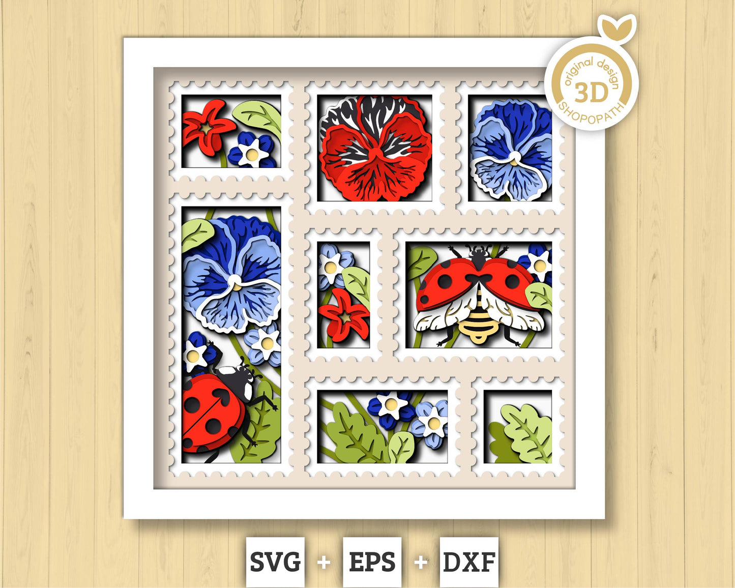 3D SVG Love Bug Stamps Frame Shadow Box, Layered Pansy 3D SVG, Summer Shadow Box, Ladybug 3D Svg, Flowers 3d Svg, Cricut Silhouette