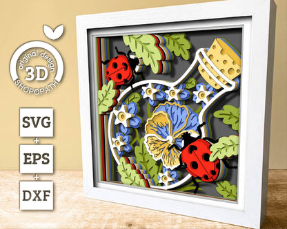 3D SVG Ladybugs In Bottle Shadow Box, Layered Pansy 3D SVG, Summer Shadow Box, Ladybug 3D Svg, Flowers 3d Svg, Cricut Silhouette