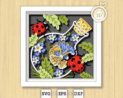 3D SVG Ladybugs In Bottle Shadow Box, Layered Pansy 3D SVG, Summer Shadow Box, Ladybug 3D Svg, Flowers 3d Svg, Cricut Silhouette