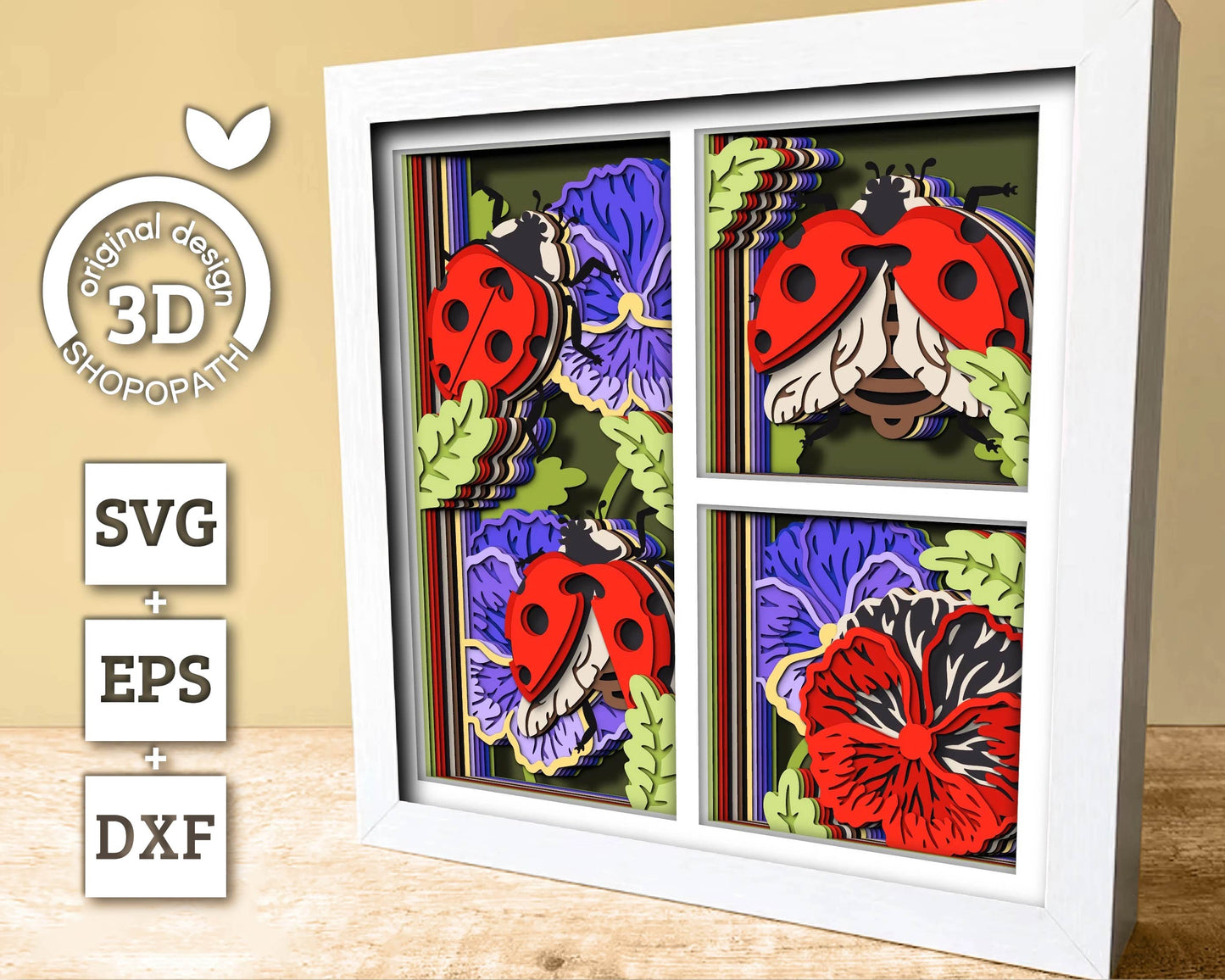 3D SVG Ladybug Shadow Box, Layered Pansy 3D SVG, Summer Shadow Box, Love Bug 3D Svg, Flowers 3d Svg, Floral Papercut svg Cricut Silhouette