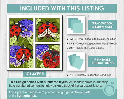 3D SVG Ladybug Shadow Box, Layered Pansy 3D SVG, Summer Shadow Box, Love Bug 3D Svg, Flowers 3d Svg, Floral Papercut svg Cricut Silhouette