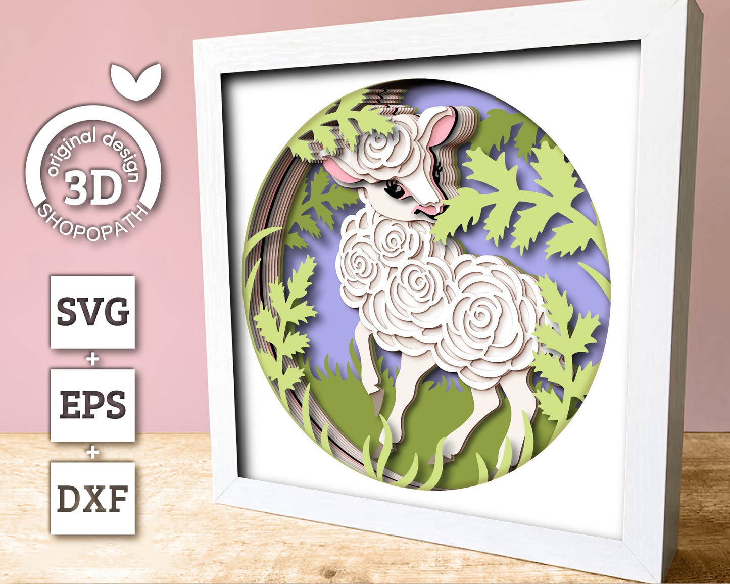 Spring Lamb in Field - 3D Shadow Box Layered SVG DXF EPS (Cutting Files)