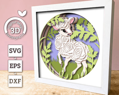 Spring Lamb in Field - 3D Shadow Box Layered SVG DXF EPS (Cutting Files)