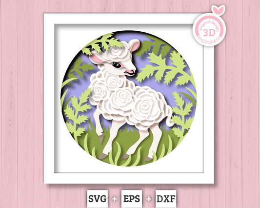Spring Lamb in Field - 3D Shadow Box Layered SVG DXF EPS (Cutting Files)