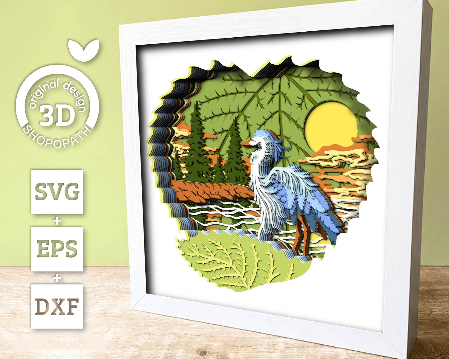 Heron On Lake at Sunset - 3D Shadow Box Layered SVG DXF EPS (Cutting Files)