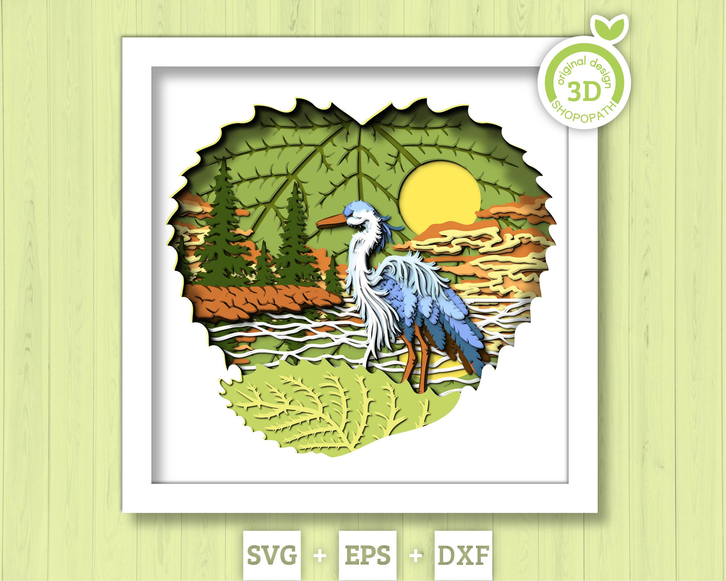 Heron On Lake at Sunset - 3D Shadow Box Layered SVG DXF EPS (Cutting Files)