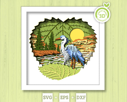 Heron On Lake at Sunset - 3D Shadow Box Layered SVG DXF EPS (Cutting Files)