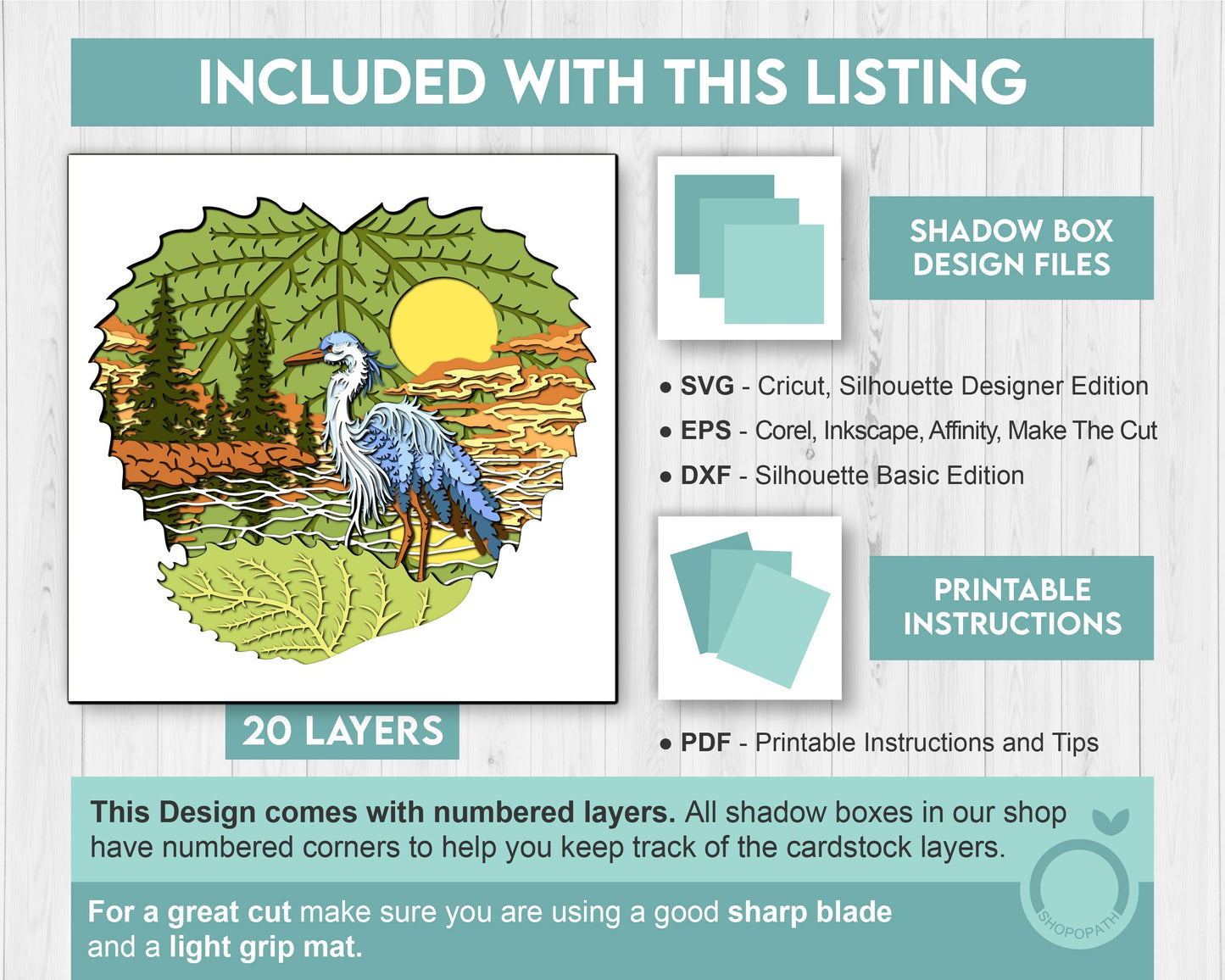 Heron On Lake at Sunset - 3D Shadow Box Layered SVG DXF EPS (Cutting Files)