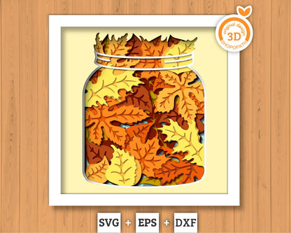 Autumn Leaves in Jar - 3D Shadow Box Layered SVG DXF EPS (Cutting Files)