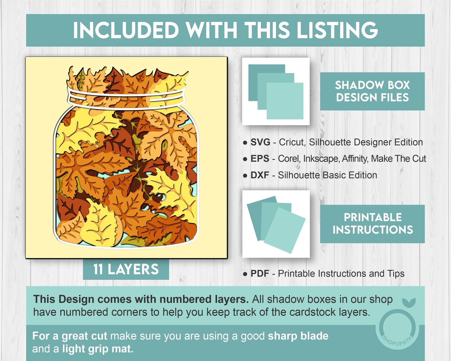 Autumn Leaves in Jar - 3D Shadow Box Layered SVG DXF EPS (Cutting Files)