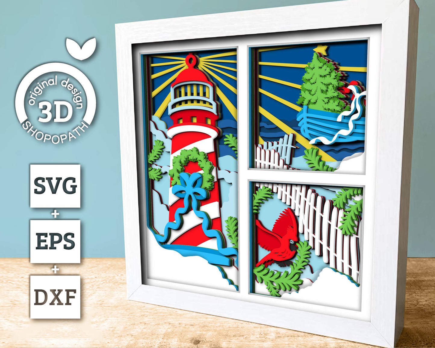 3D SVG Lighthouse Shadow Box, Layered Cardinal Svg, Lighthouse Christmas 3D Svg, Winter 3d Svg Christmas Shadow Box svg Cricut Silhouette