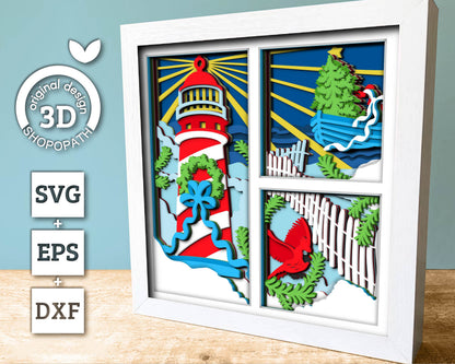 3D SVG Lighthouse Shadow Box, Layered Cardinal Svg, Lighthouse Christmas 3D Svg, Winter 3d Svg Christmas Shadow Box svg Cricut Silhouette