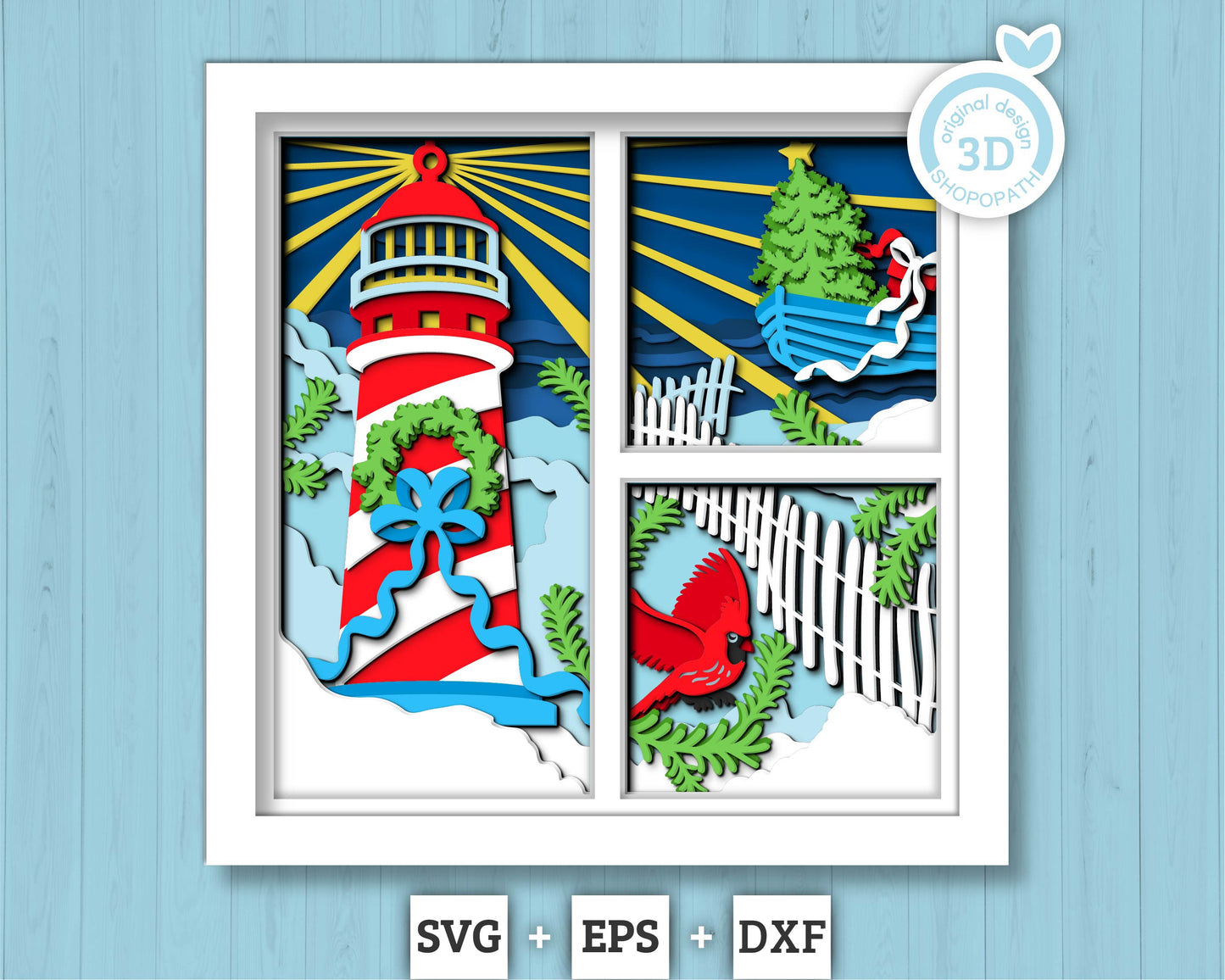 3D SVG Lighthouse Shadow Box, Layered Cardinal Svg, Lighthouse Christmas 3D Svg, Winter 3d Svg Christmas Shadow Box svg Cricut Silhouette