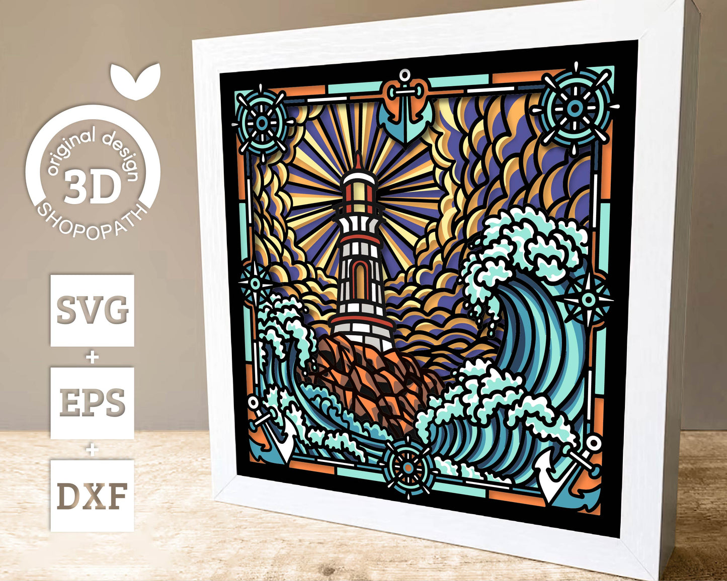 Lighthouse Stained Glass in Storm - 3D Shadow Box Layered SVG DXF EPS (Cutting Files)